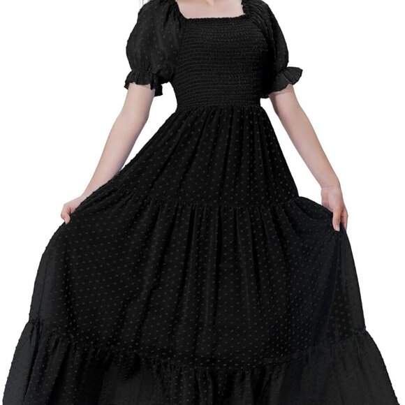 Girls Maxi Long Smocked Dress Tween Swiss Dots Summer Square Neck Short Sleeve C - Picture 1 of 6
